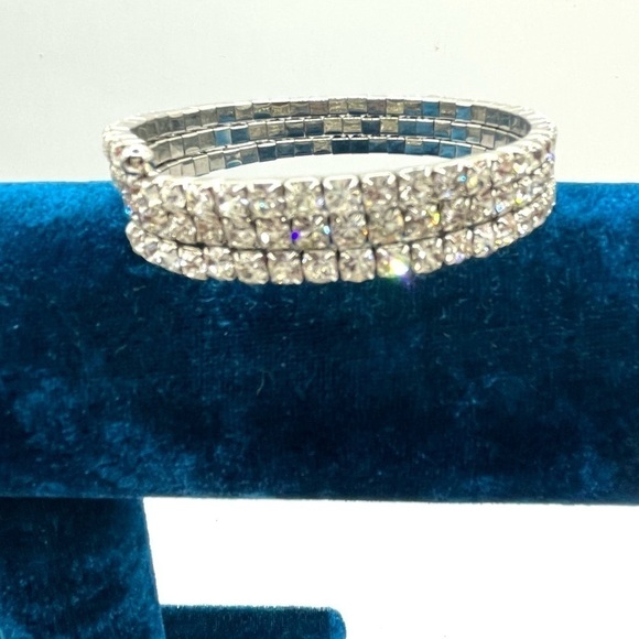 Rhinestone Wrap Bracelet Triple Stranded Silver tone Bright Shiny Bangle Style - Picture 2 of 8